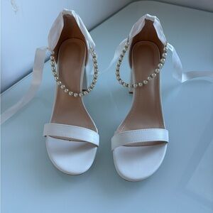 White Pearl Ankle Tie Women's Chunky Heels